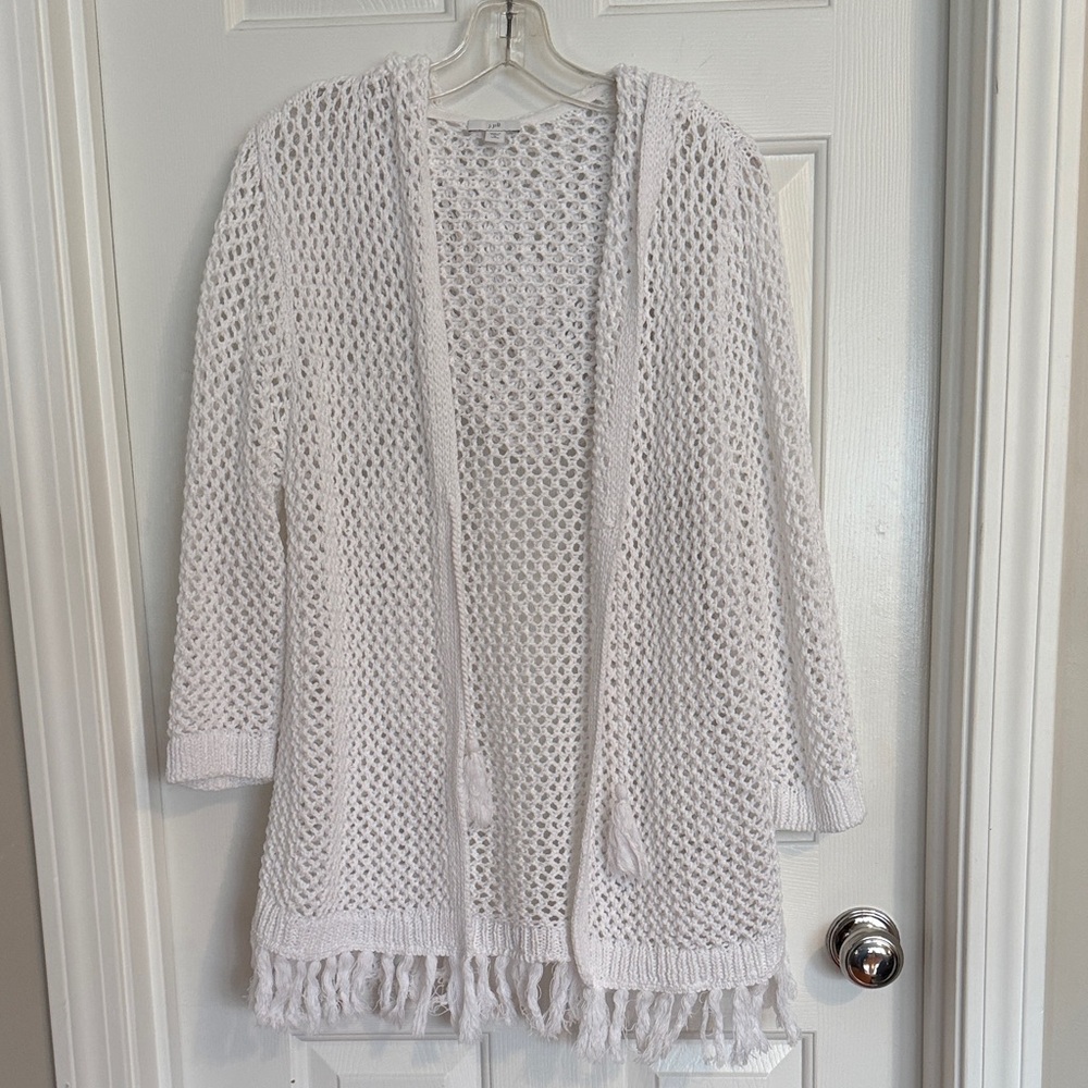 J. Jill White Open-Knit Fringe Tie-Front Hooded Cardigan